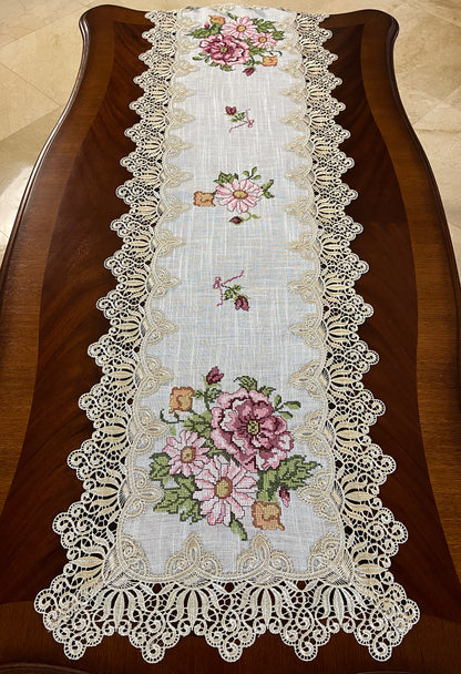 Floris Linens Katrina Cross Stitched Embroidery Laced Table Runner, Natural Linen Color