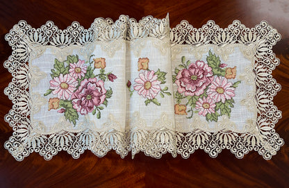 Floris Linens Katrina Cross Stitched Embroidery Laced Table Runner, Natural Linen Color