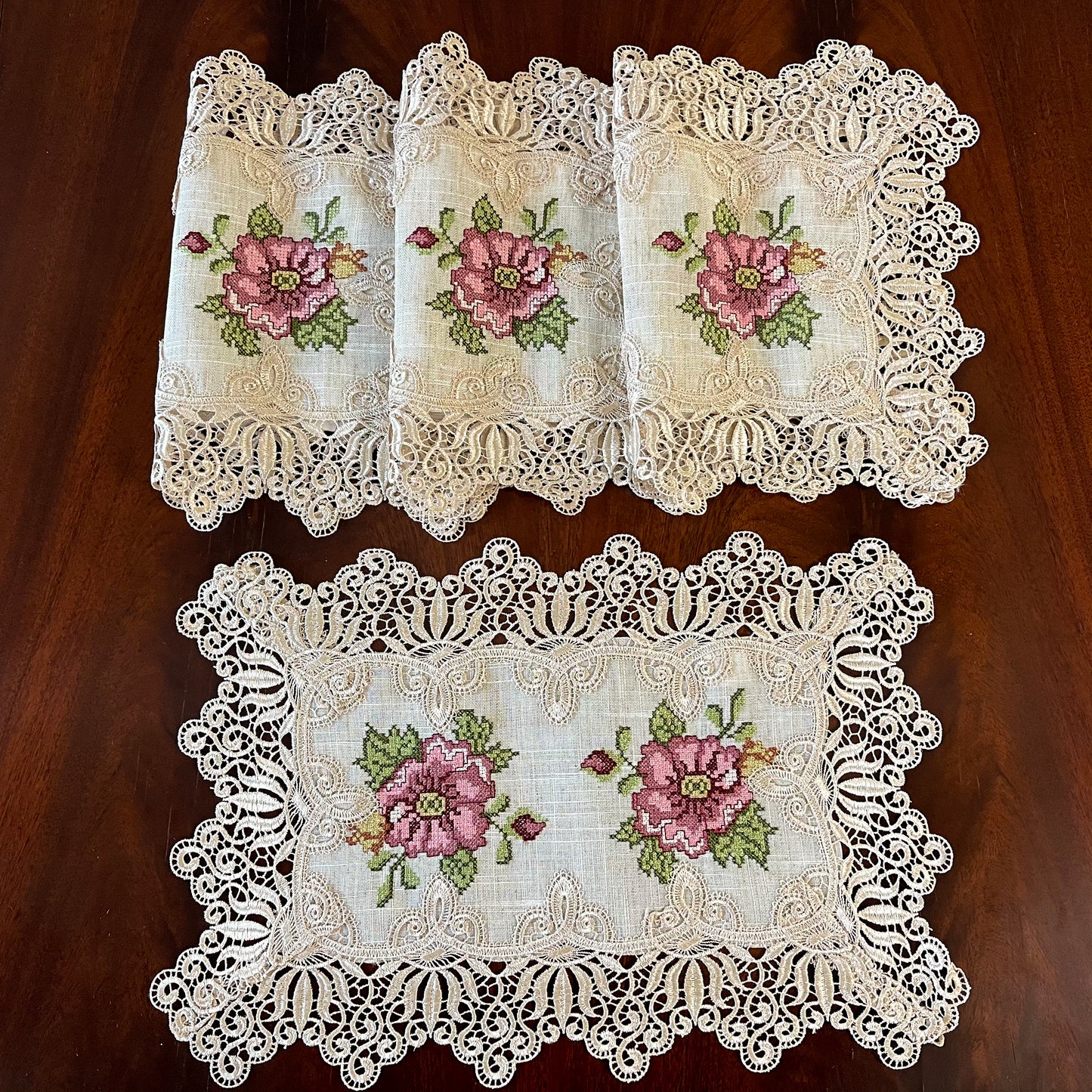 Floris Linens Katrina Cross Stitched Embroidery Laced Placemat, Natural Linen Color