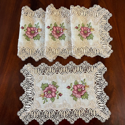 Floris Linens Katrina Cross Stitched Embroidery Laced Placemat, Natural Linen Color