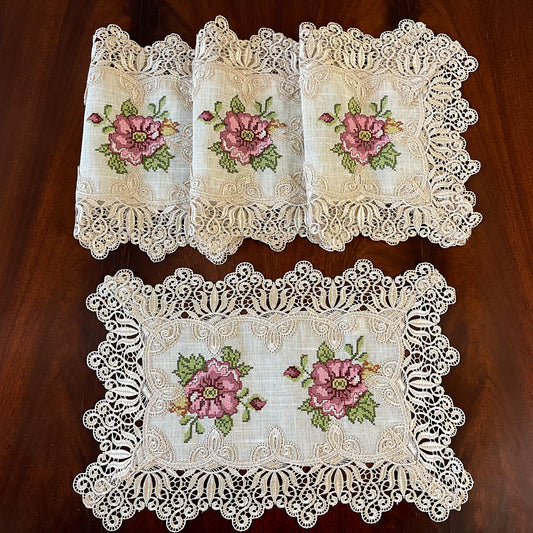 Floris Linens Katrina Cross Stitched Embroidery Laced Placemat, Natural Linen Color