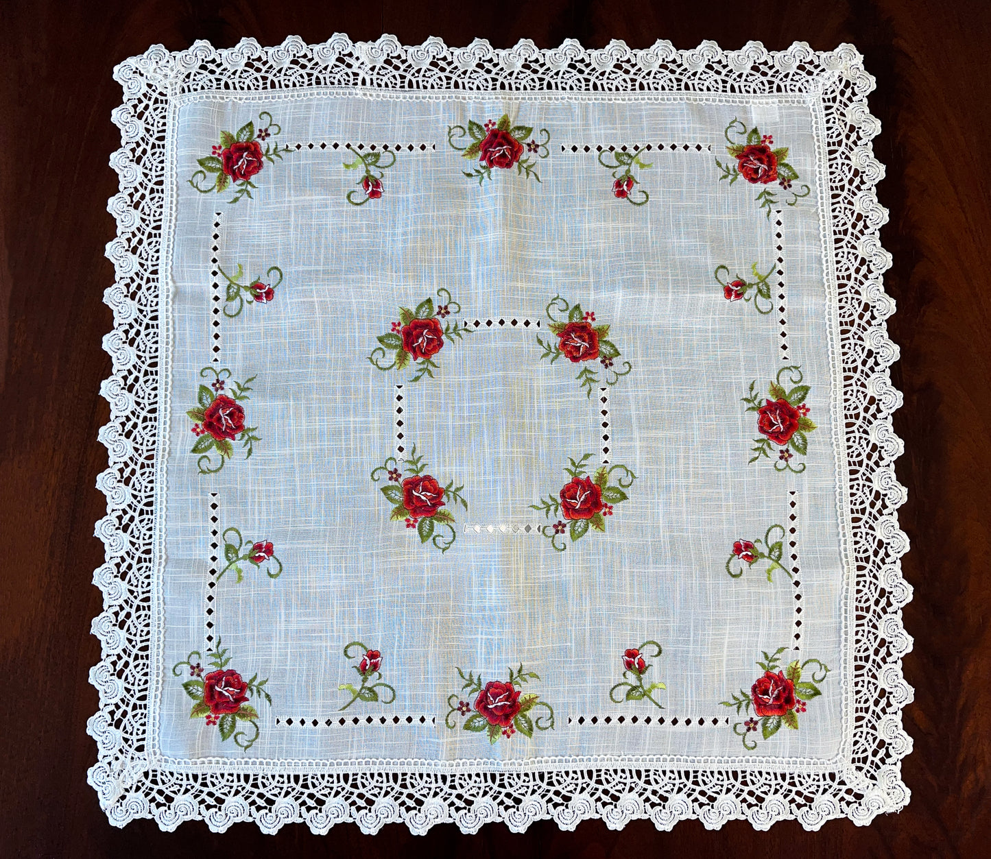 Floris Linens Molly Embroidered Rose Table Topper with Intricate Lace Pattern