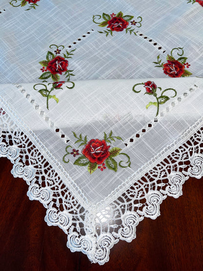Floris Linens Molly Embroidered Rose Table Topper with Intricate Lace Pattern