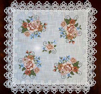 Floris Linens Judith White Lace Table Topper with Vintage Style Cross Stitched Flower Embroidery