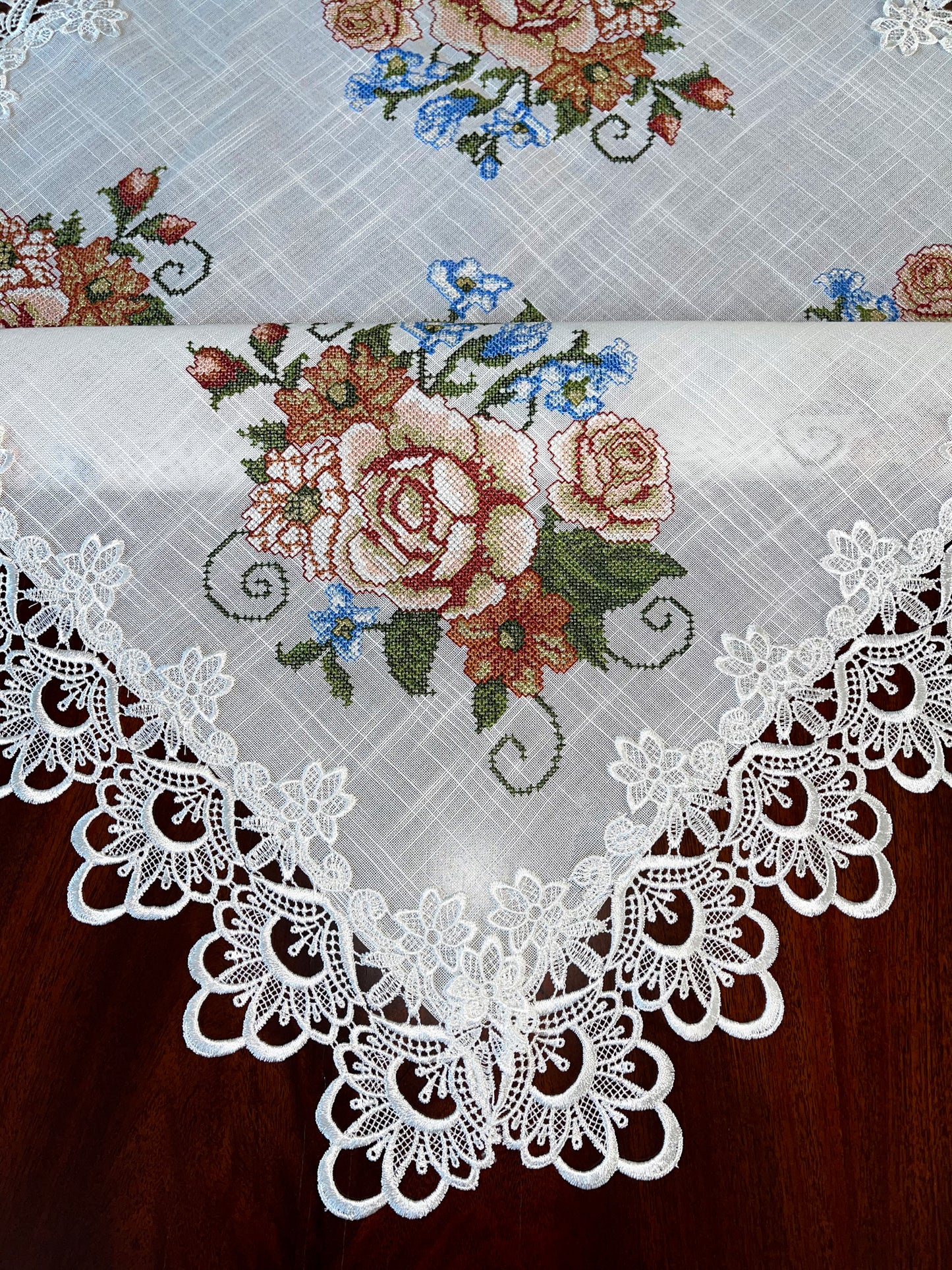 Floris Linens Judith White Lace Table Topper with Vintage Style Cross Stitched Flower Embroidery