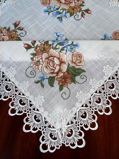 Floris Linens Judith White Lace Table Topper with Vintage Style Cross Stitched Flower Embroidery