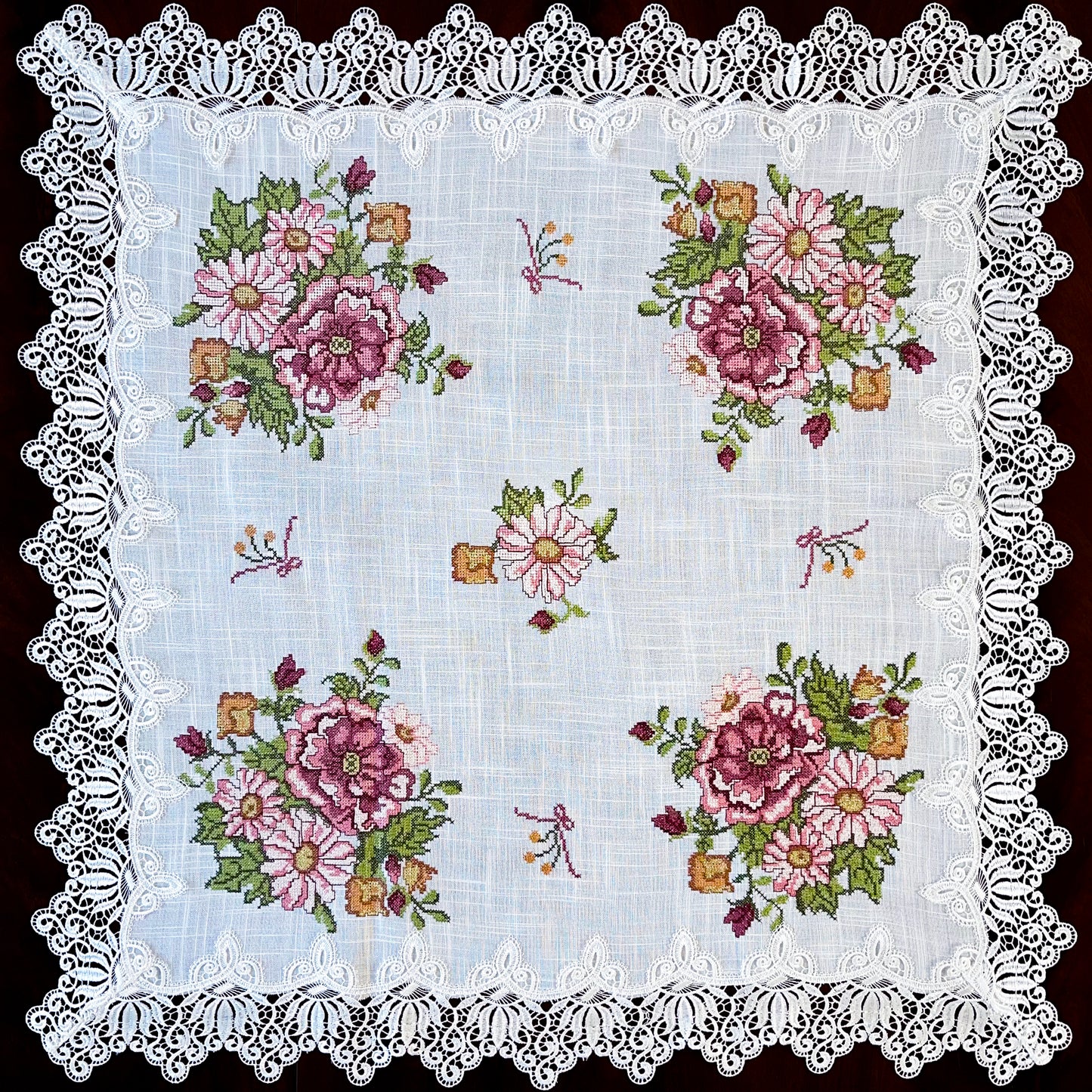 Floris Linens Katrina Cross Stitched Embroidery Laced Table Topper, White Color