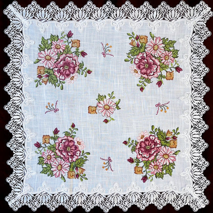 Floris Linens Katrina Cross Stitched Embroidery Laced Table Topper, White Color