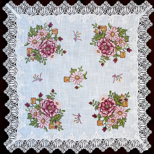 Floris Linens Katrina Cross Stitched Embroidery Laced Table Topper, White Color