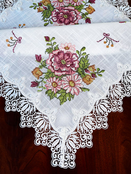 Floris Linens Katrina Cross Stitched Embroidery Laced Table Topper, White Color