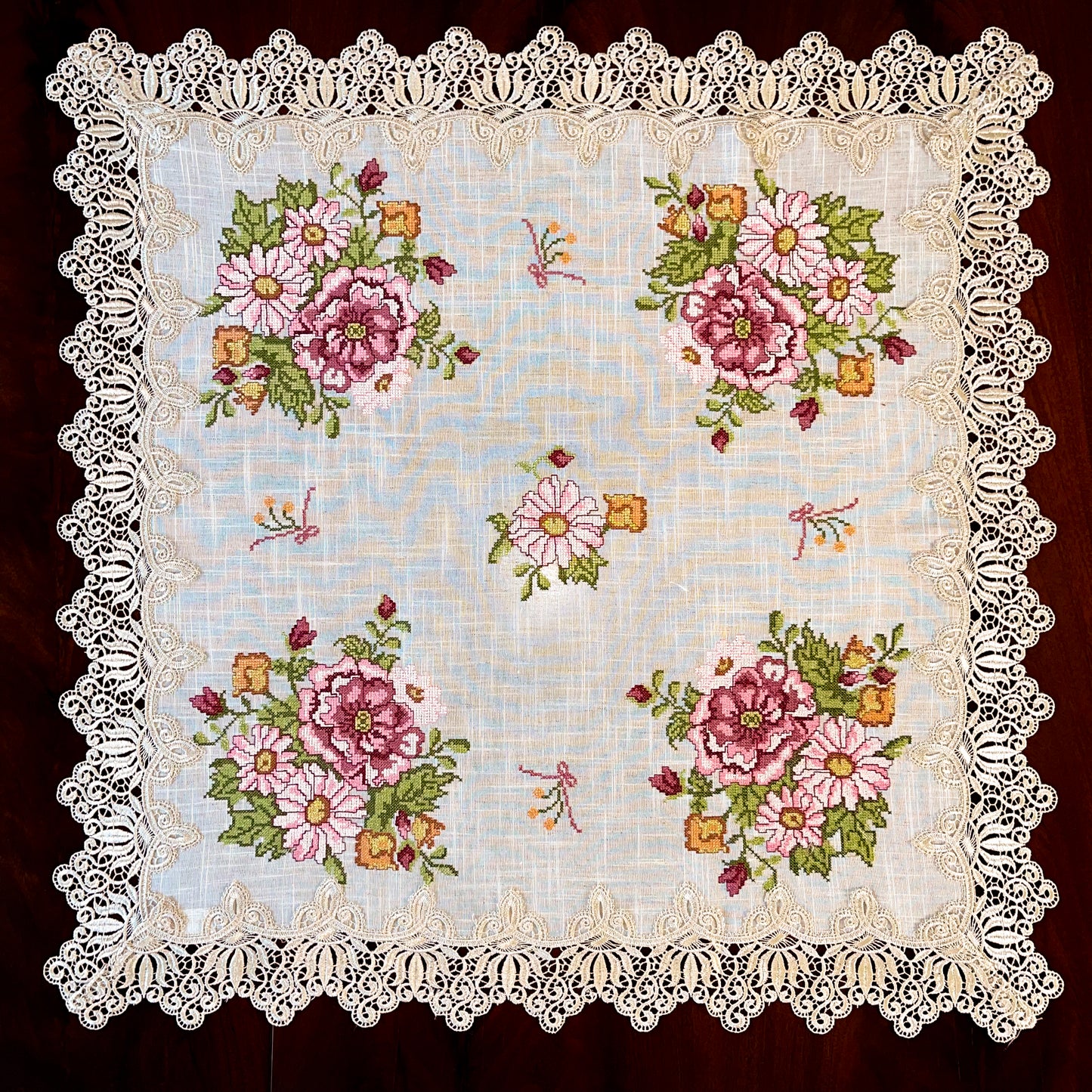 Floris Linens Katrina Cross Stitched Embroidery Laced Table Topper, Natural Linen Color