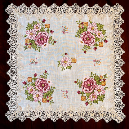 Floris Linens Katrina Cross Stitched Embroidery Laced Table Topper, Natural Linen Color