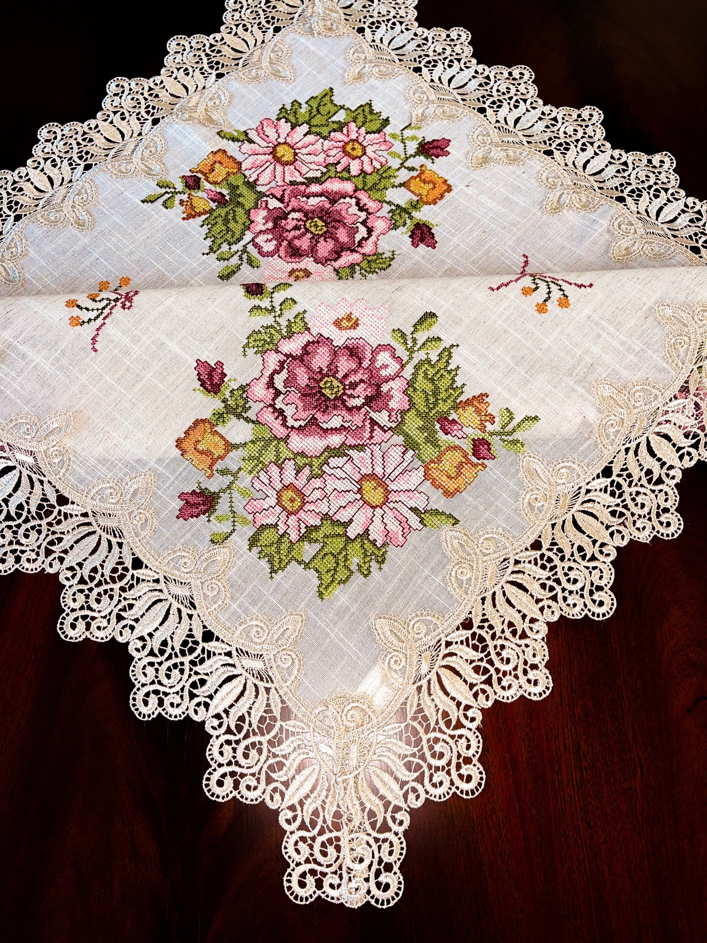 Floris Linens Katrina Cross Stitched Embroidery Laced Table Topper, Natural Linen Color