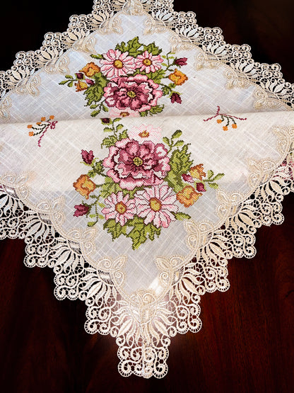 Floris Linens Katrina Cross Stitched Embroidery Laced Table Topper, Natural Linen Color
