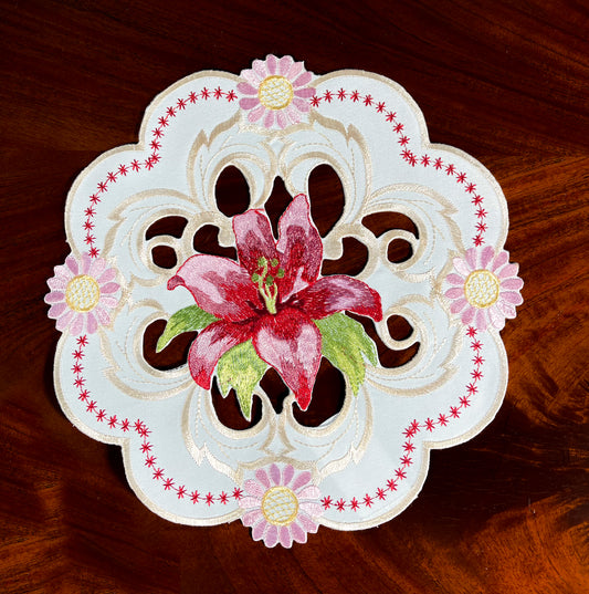 Floris Linens Set of 4 Maya Lily Embroidered Doilies with Intricate Cutwork Embroidery