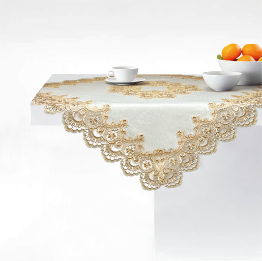 Floris Linens Ellen Victorian Embroidered Table Topper with Classic Golden Lace and High Quality White Fabric