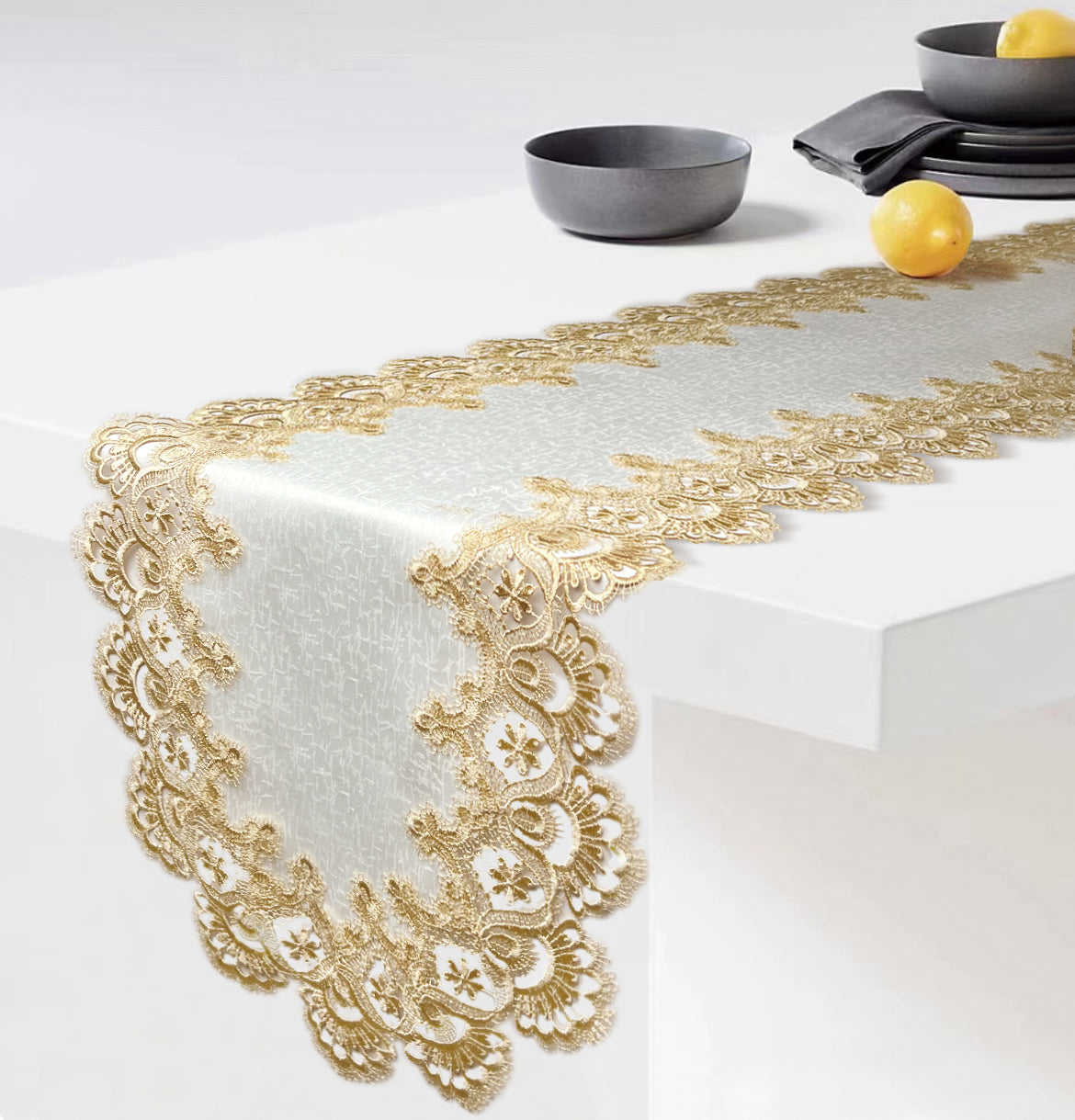 Floris Linens Ellen Victorian Embroidered Table Runner with Classic Golden Lace and High Quality White Fabric