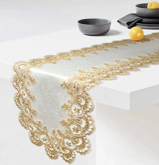 Floris Linens Ellen Victorian Embroidered Table Runner with Classic Golden Lace and High Quality White Fabric