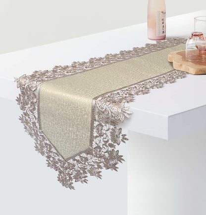 Floris Linens Susan Victorian Embroidery Table Runner with Classic Lilac Lace on Ivory Fabric