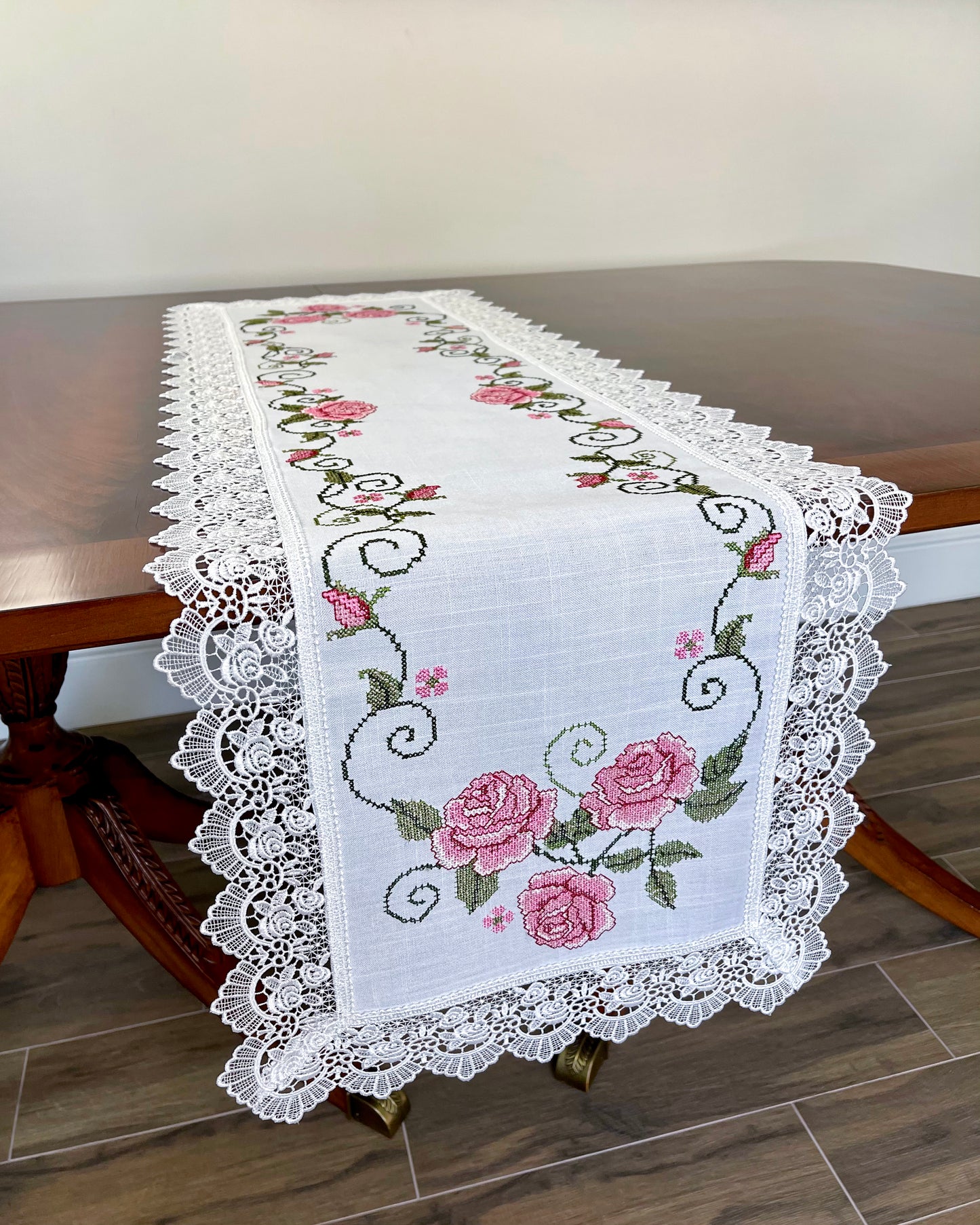 Floris Linens Rasa Embroidered Rose Table Runner with Intricate Lace Pattern, Cross-Stitched