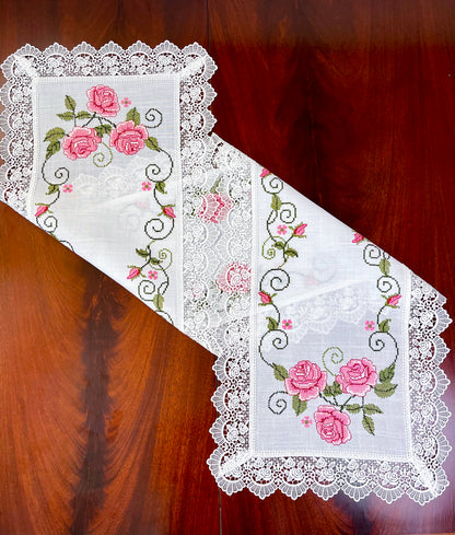 Floris Linens Rasa Embroidered Rose Table Runner with Intricate Lace Pattern, Cross-Stitched