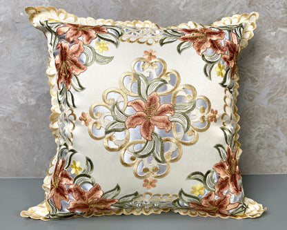 Floris Linens Sophia Embroidered Decorative Pillow Cover, 15" x 15", Flower Design, No Insert Included