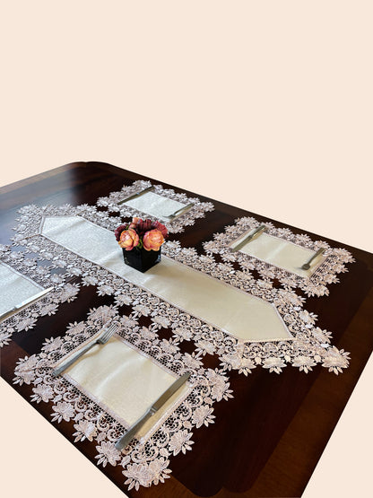 Floris Linens Susan Victorian Embroidery Placemat with Classic Lilac Lace on Ivory Fabric