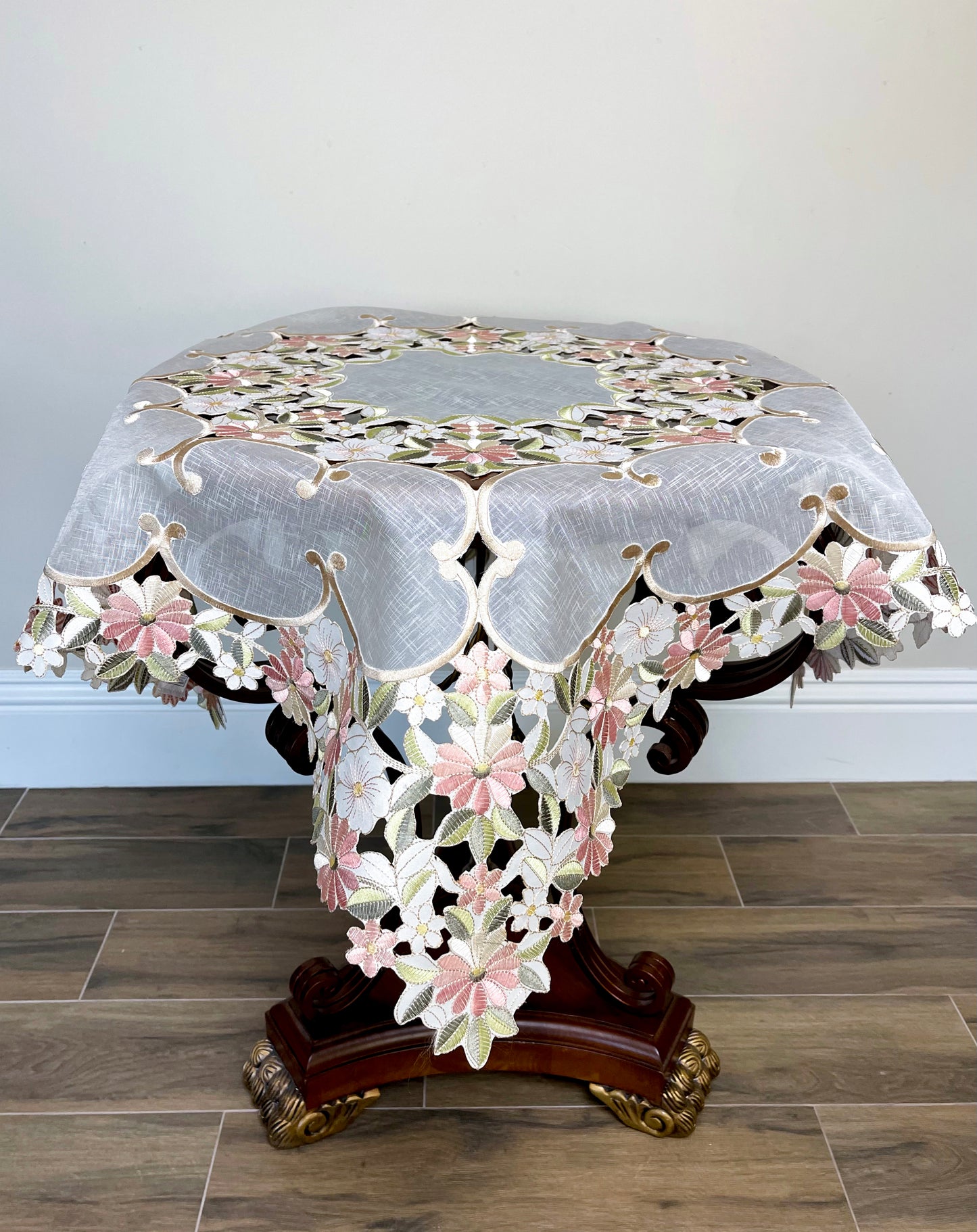Floris Linens Zita Embroidered Cutwork Table Topper with Floral Design