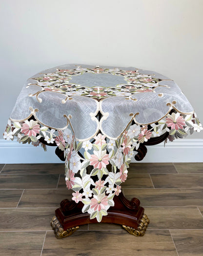 Floris Linens Zita Embroidered Cutwork Table Topper with Floral Design