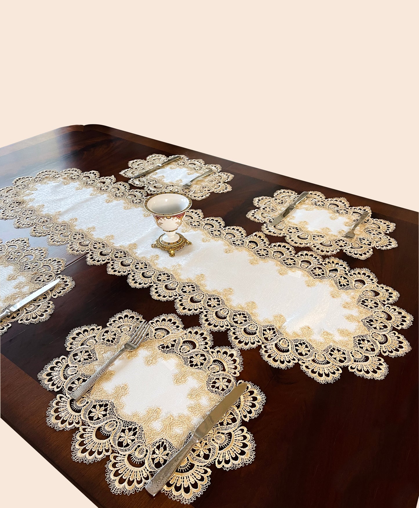 Floris Linens Ellen Victorian Embroidered Placemat with Classic Golden Lace and High Quality White Fabric