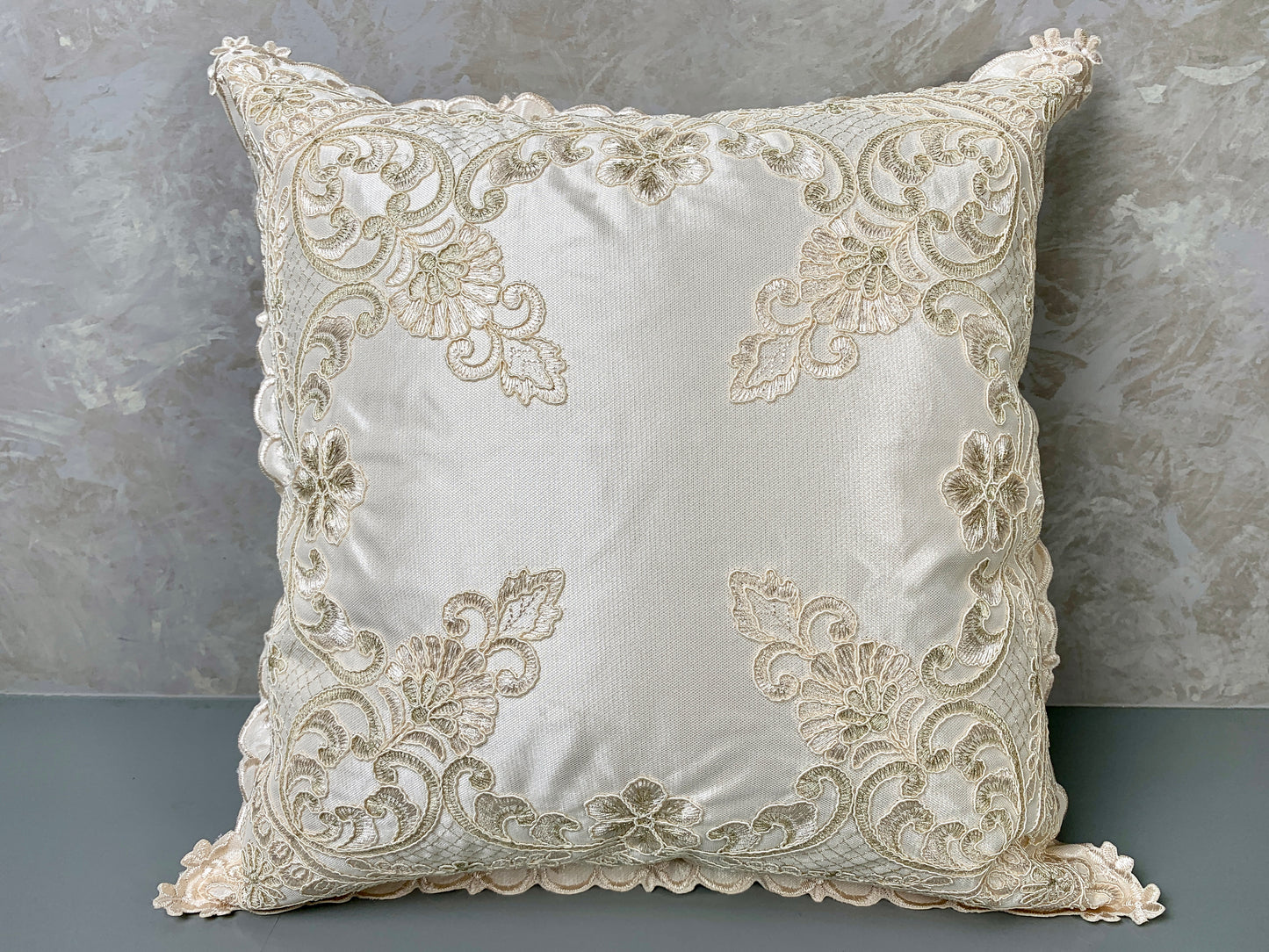 Floris Linens Etta Embroidered Decorative Pillow Cover, 15" x 15", Classic Lace Design, Beige and White