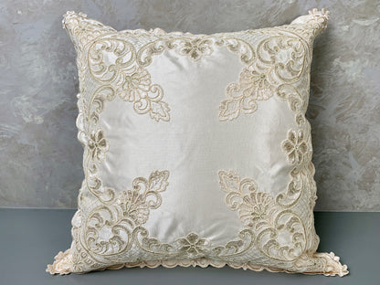 Floris Linens Etta Embroidered Decorative Pillow Cover, 15" x 15", Classic Lace Design, Beige and White