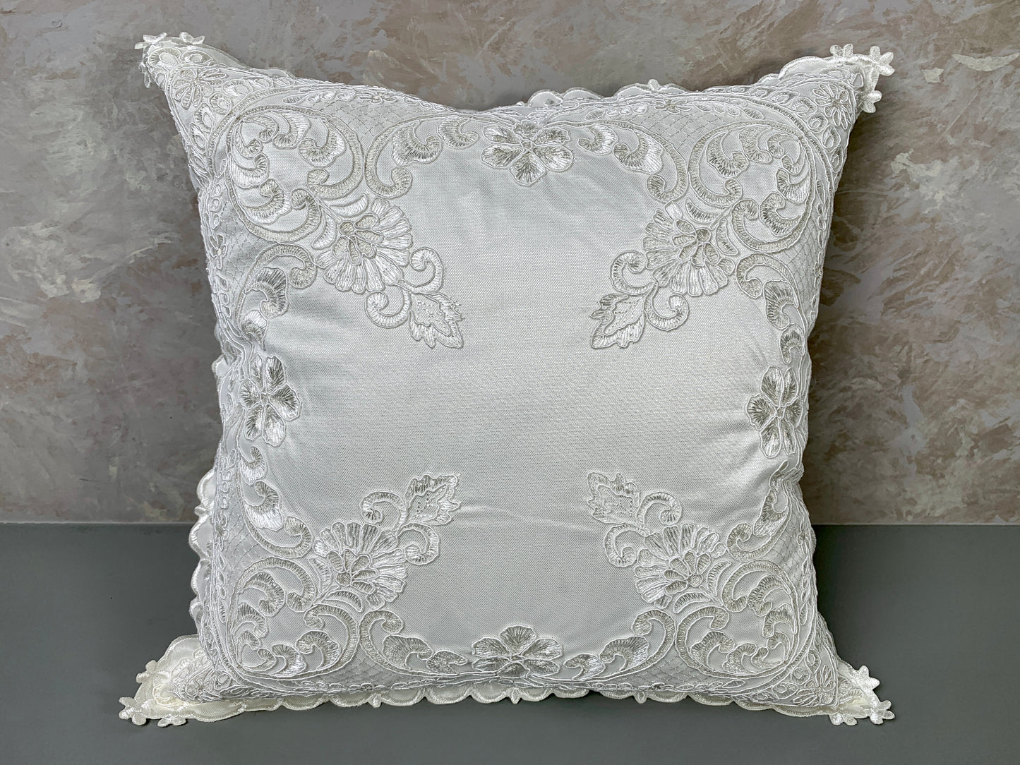 Floris Linens Etta Embroidered Decorative Pillow Cover, 15" x 15", Classic Lace Design, Beige and White