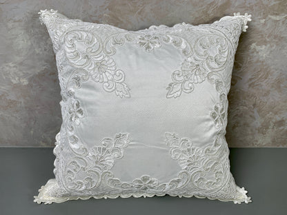 Floris Linens Etta Embroidered Decorative Pillow Cover, 15" x 15", Classic Lace Design, Beige and White