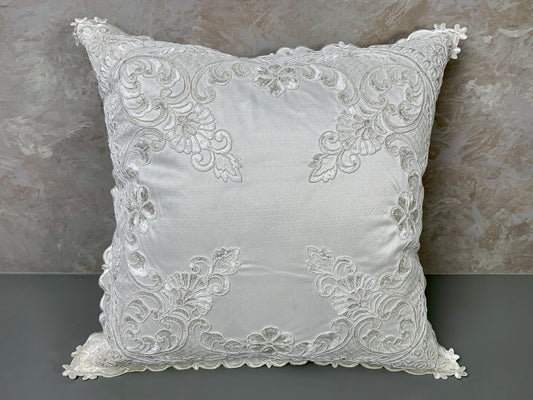 Floris Linens Etta Embroidered Decorative Pillow Cover, 15" x 15", Classic Lace Design, Beige and White