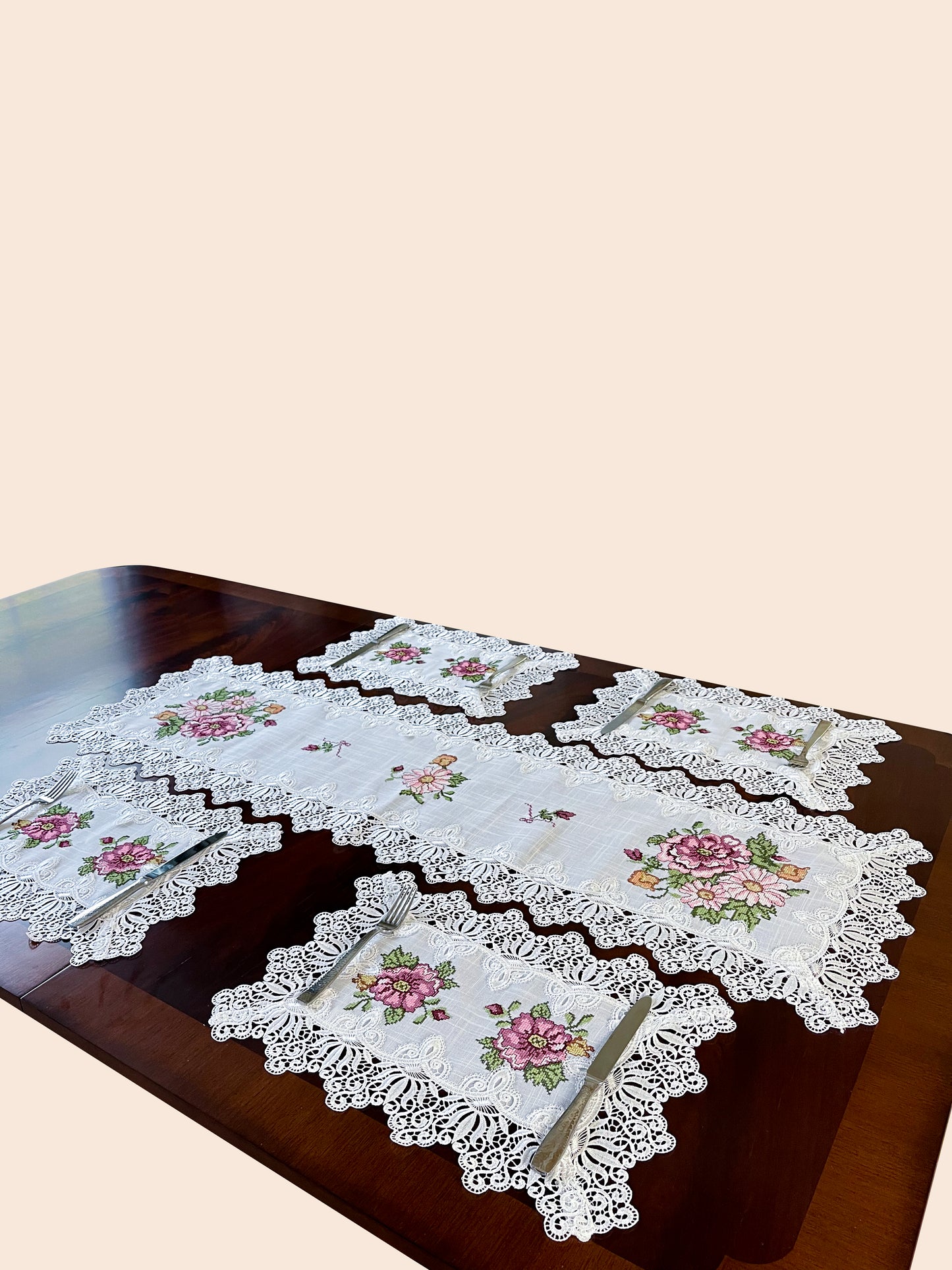 Floris Linens Katrina Cross Stitched Embroidery Laced Placemat, White Color
