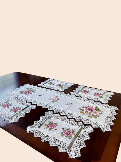 Floris Linens Katrina Cross Stitched Embroidery Laced Placemat, White Color