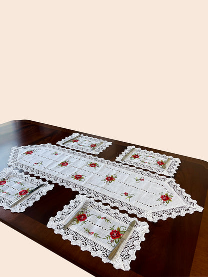 Floris Linens Molly Embroidered Rose Table Runner with Intricate Lace Pattern