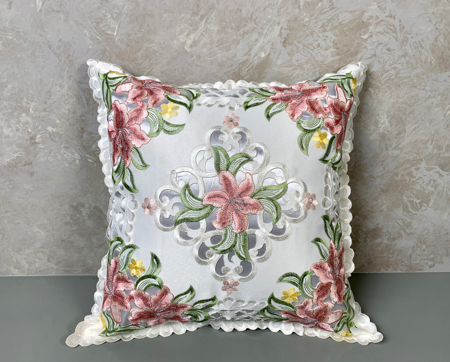 Floris Linens Sophia Embroidered Decorative Pillow Cover, 15" x 15", Flower Design, No Insert Included